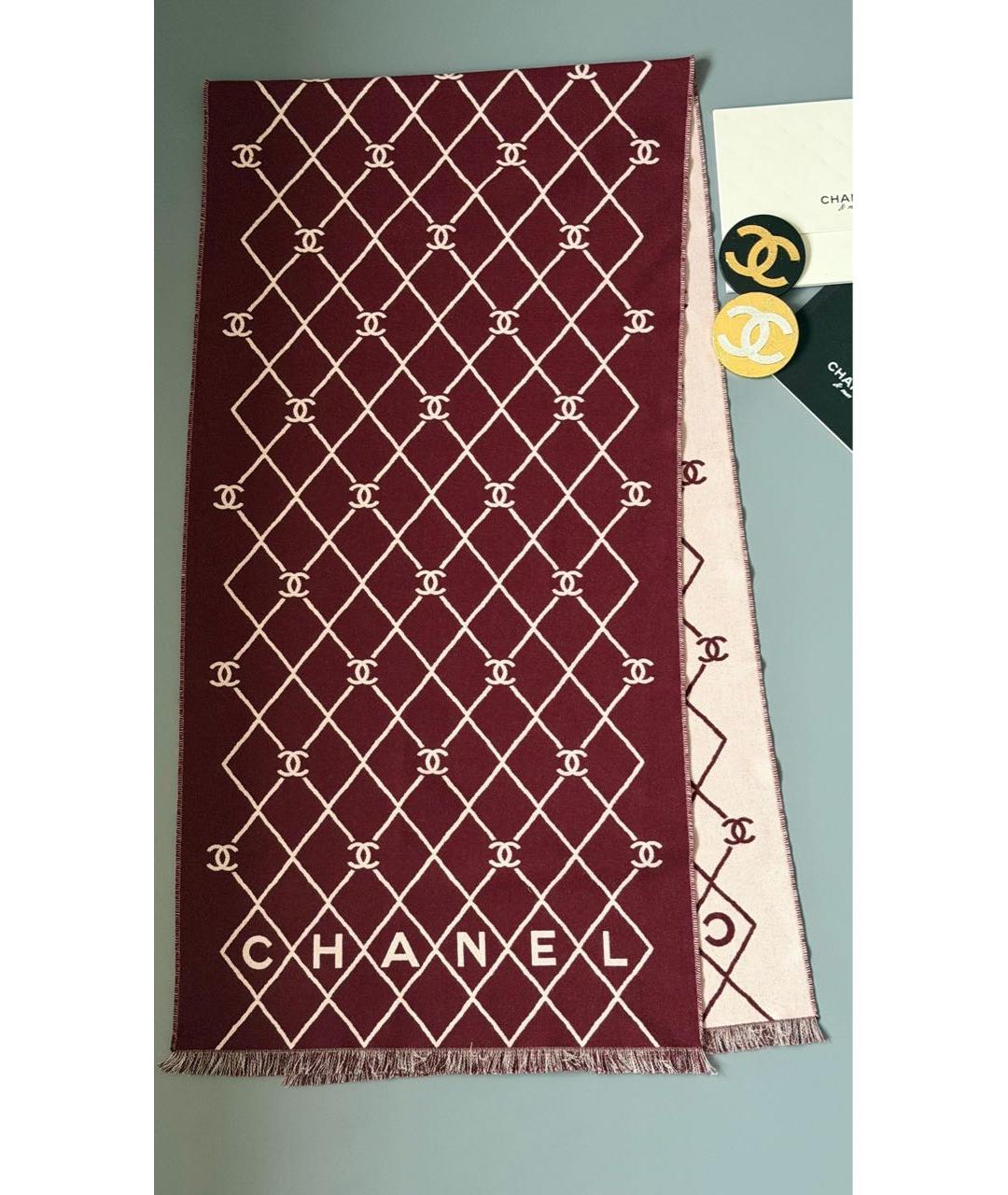CHANEL Бордовый шерстяной шарф, фото 3