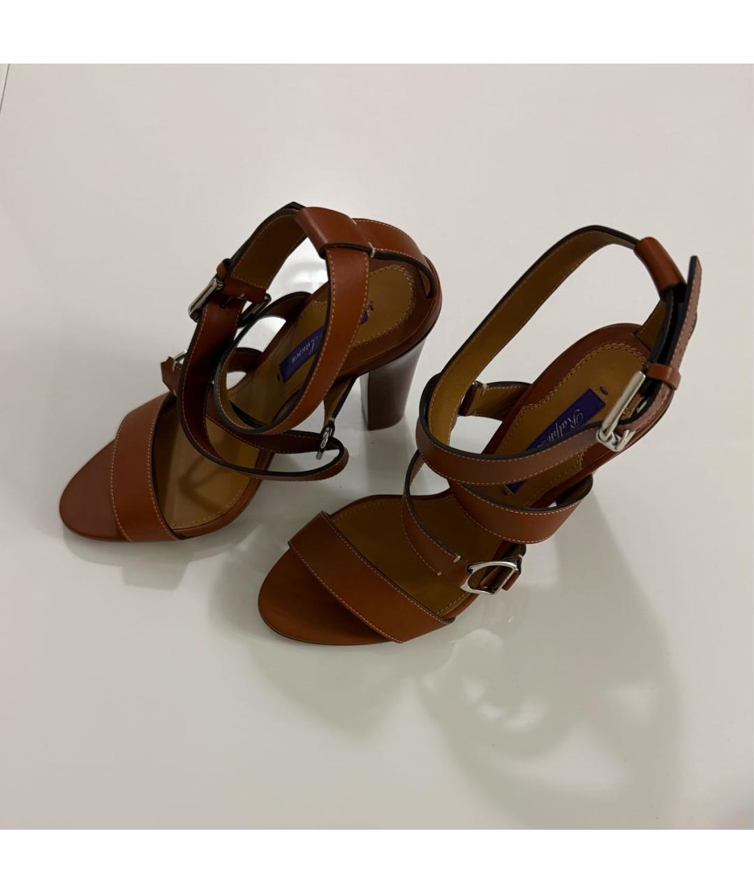 RALPH LAUREN PURPLE LABEL Коричневые кожаные босоножки, фото 8