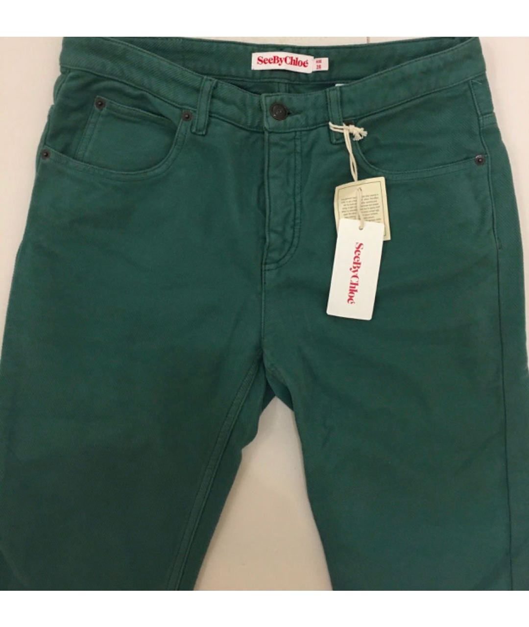 SEE BY CHLOE Зеленые хлопко-эластановые прямые джинсы, фото 6