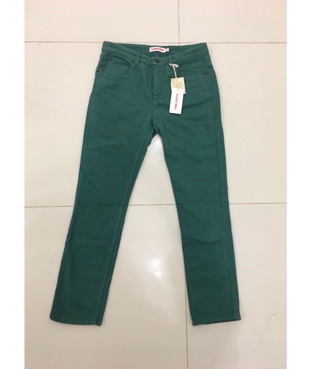 SEE BY CHLOE Зеленые хлопко-эластановые прямые джинсы, фото 4