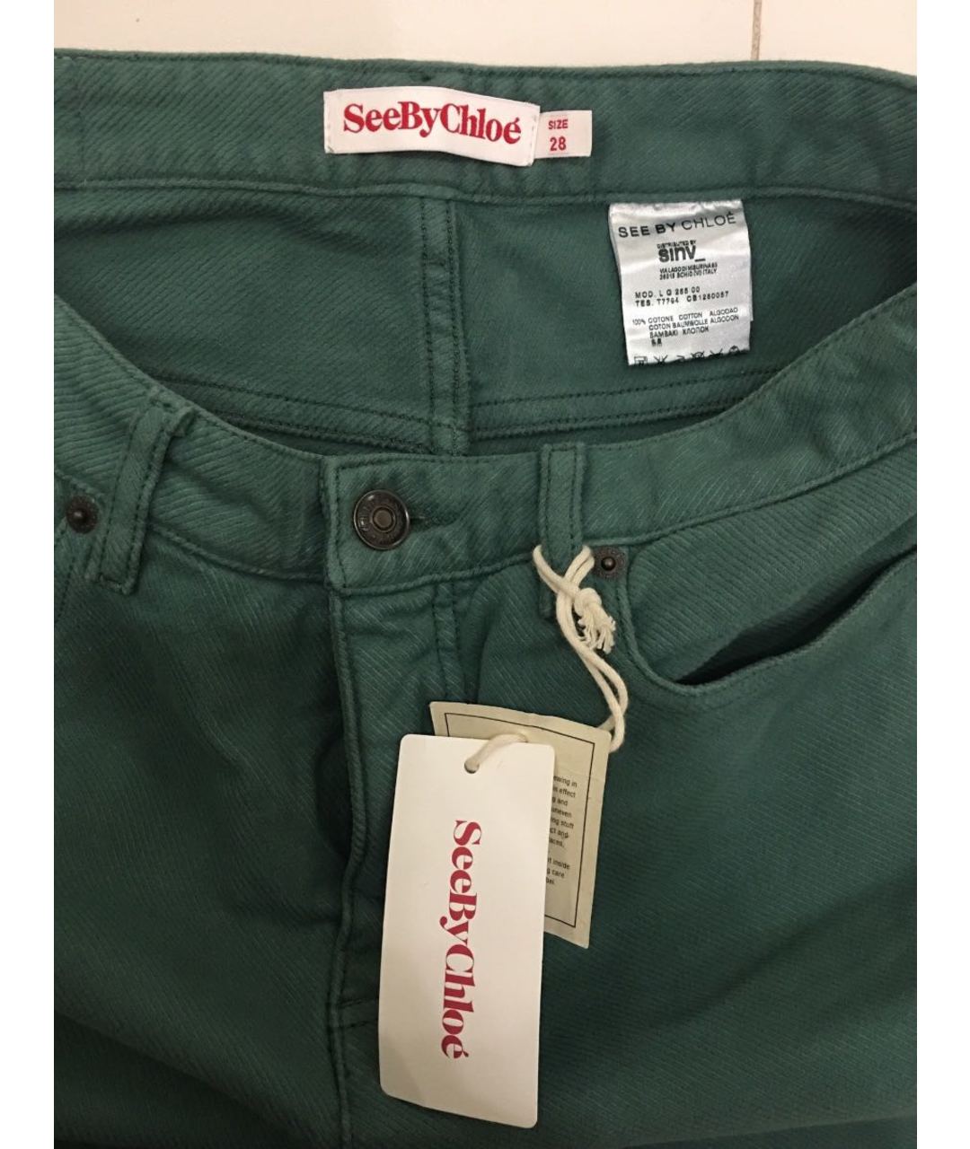 SEE BY CHLOE Зеленые хлопко-эластановые прямые джинсы, фото 3