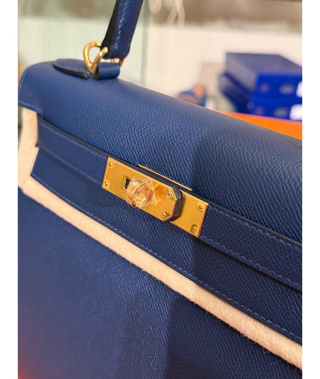 HERMES Темно-синяя кожаная сумка с короткими ручками, фото 3