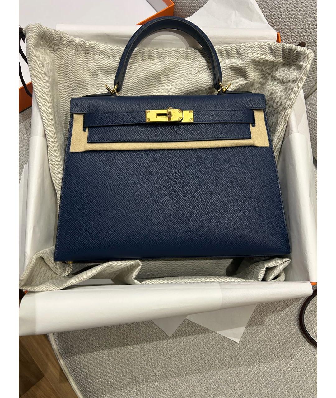 HERMES Темно-синяя кожаная сумка с короткими ручками, фото 5