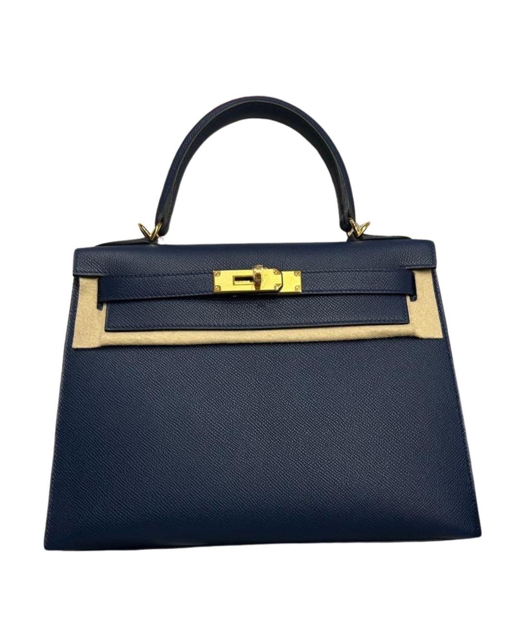 HERMES Темно-синяя кожаная сумка с короткими ручками, фото 1