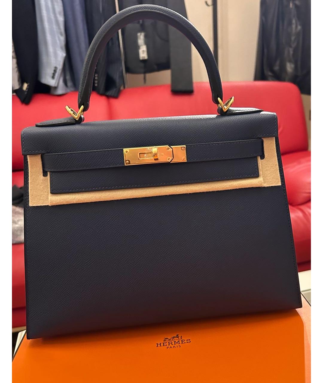 HERMES Темно-синяя кожаная сумка с короткими ручками, фото 2