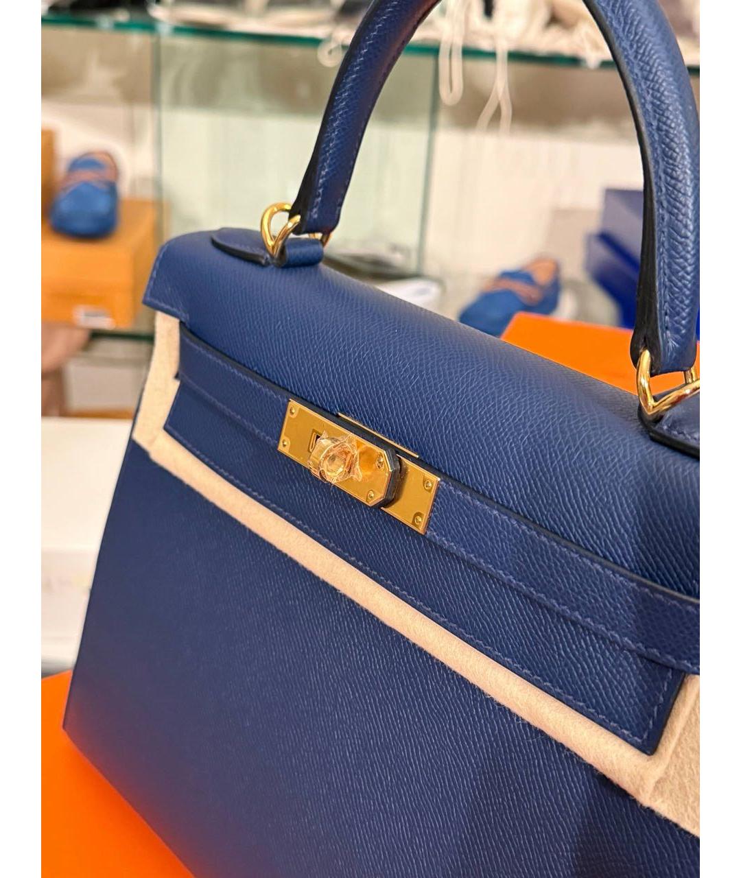 HERMES Темно-синяя кожаная сумка с короткими ручками, фото 4