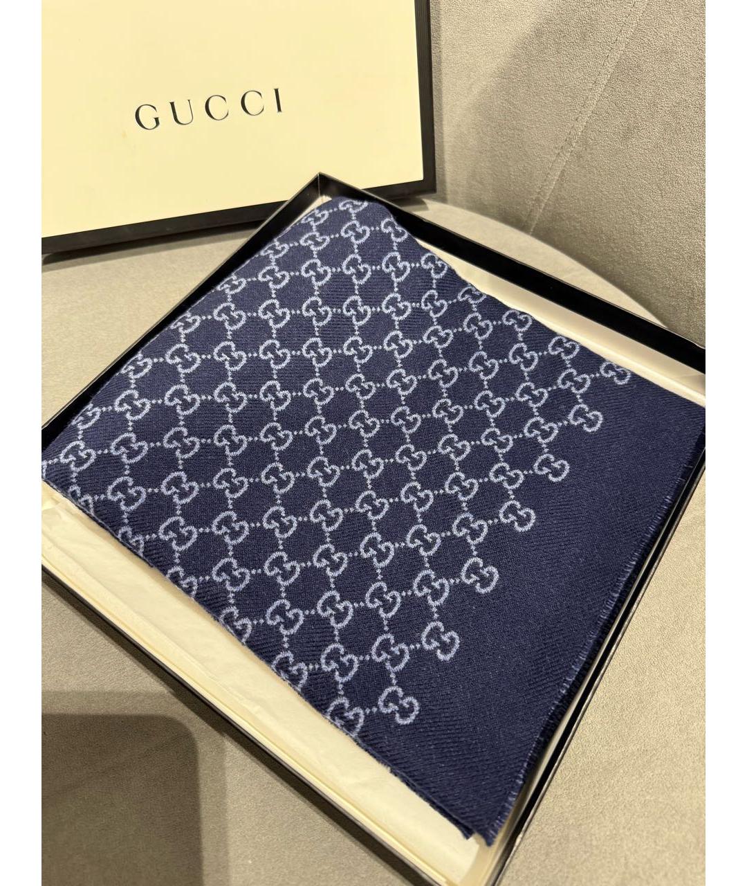 GUCCI Темно-синий шерстяной платок, фото 2