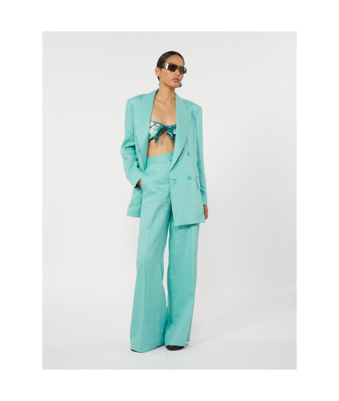 MAX MARA Бирюзовые льняные прямые брюки, фото 4