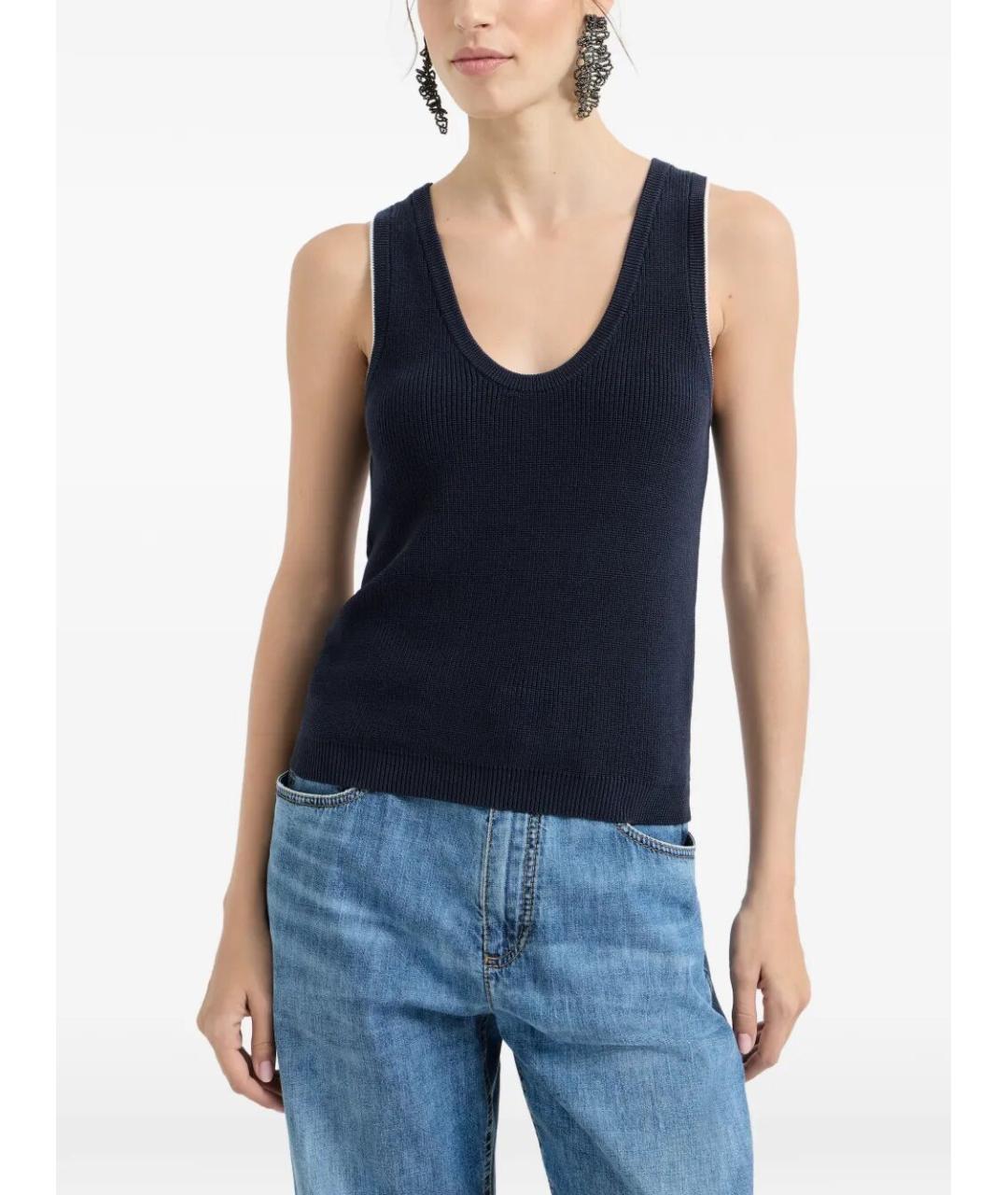 BRUNELLO CUCINELLI Темно-синяя хлопковая майка, фото 4