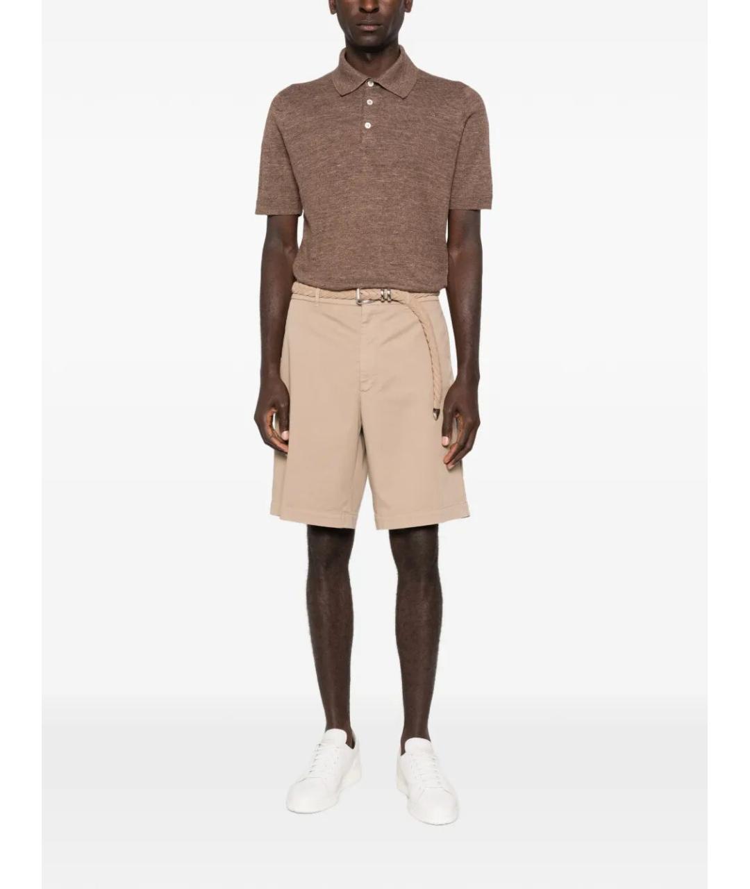 BRUNELLO CUCINELLI Коричневое хлопко-леновое поло с коротким рукавом, фото 2