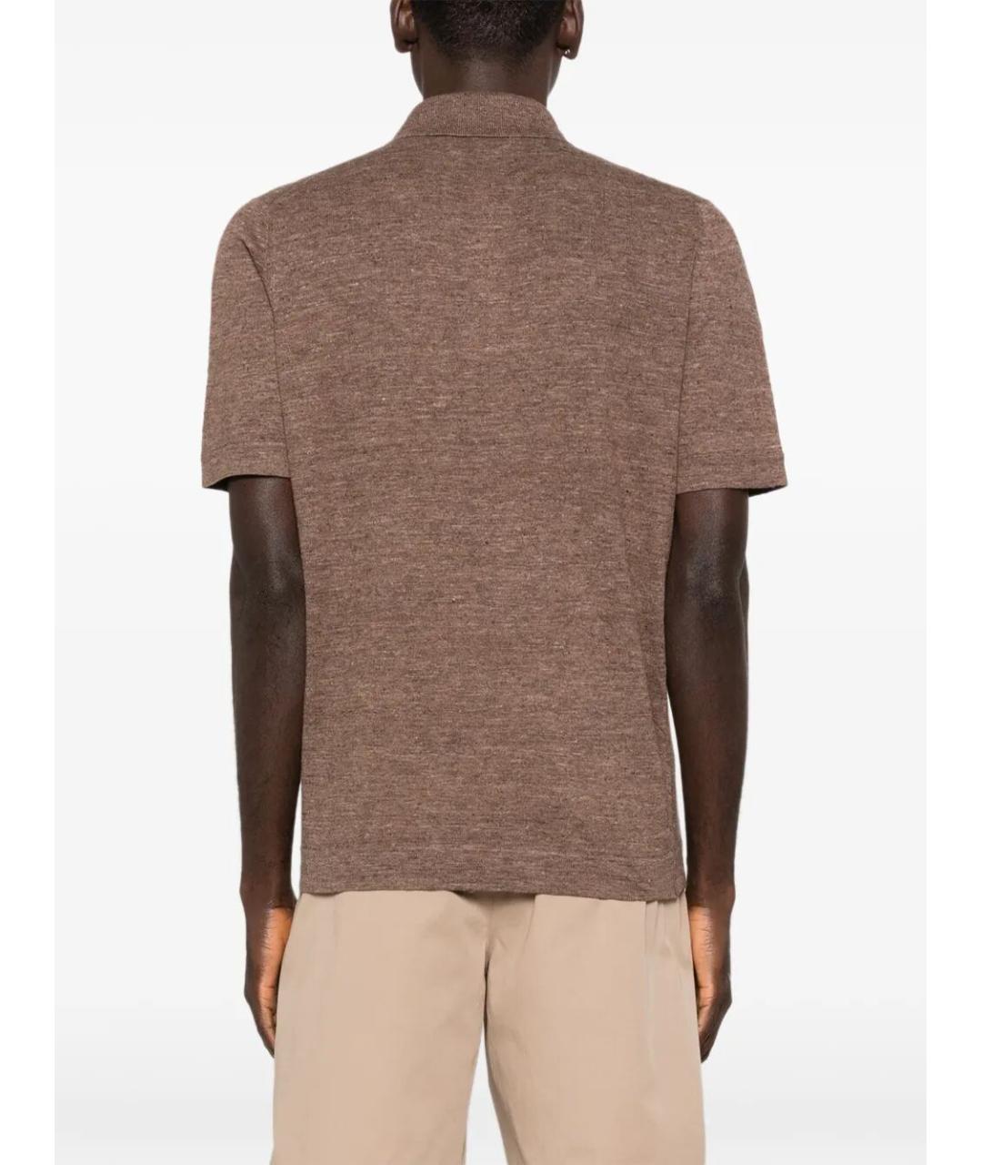 BRUNELLO CUCINELLI Коричневое хлопко-леновое поло с коротким рукавом, фото 5