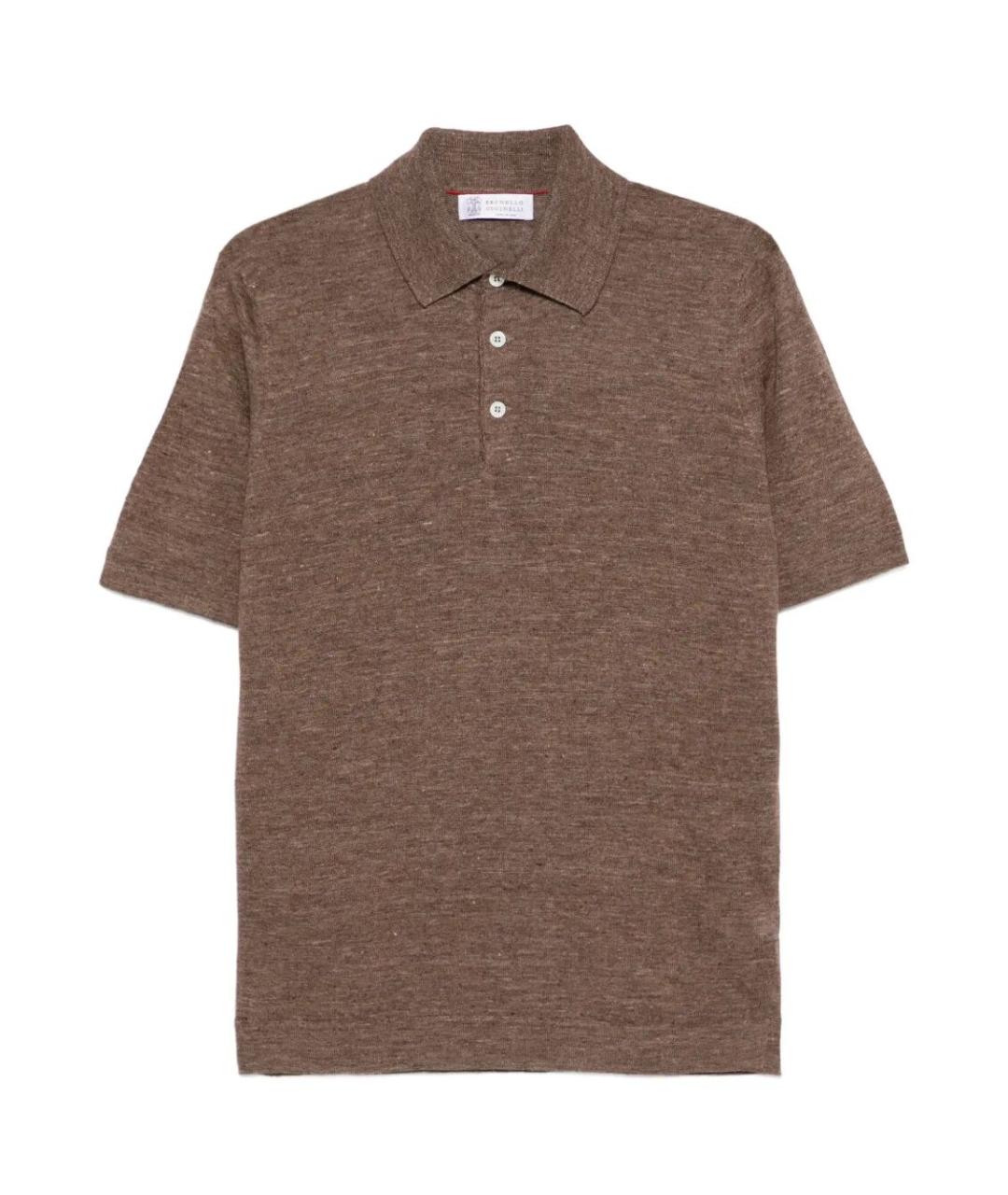 BRUNELLO CUCINELLI Коричневое хлопко-леновое поло с коротким рукавом, фото 1