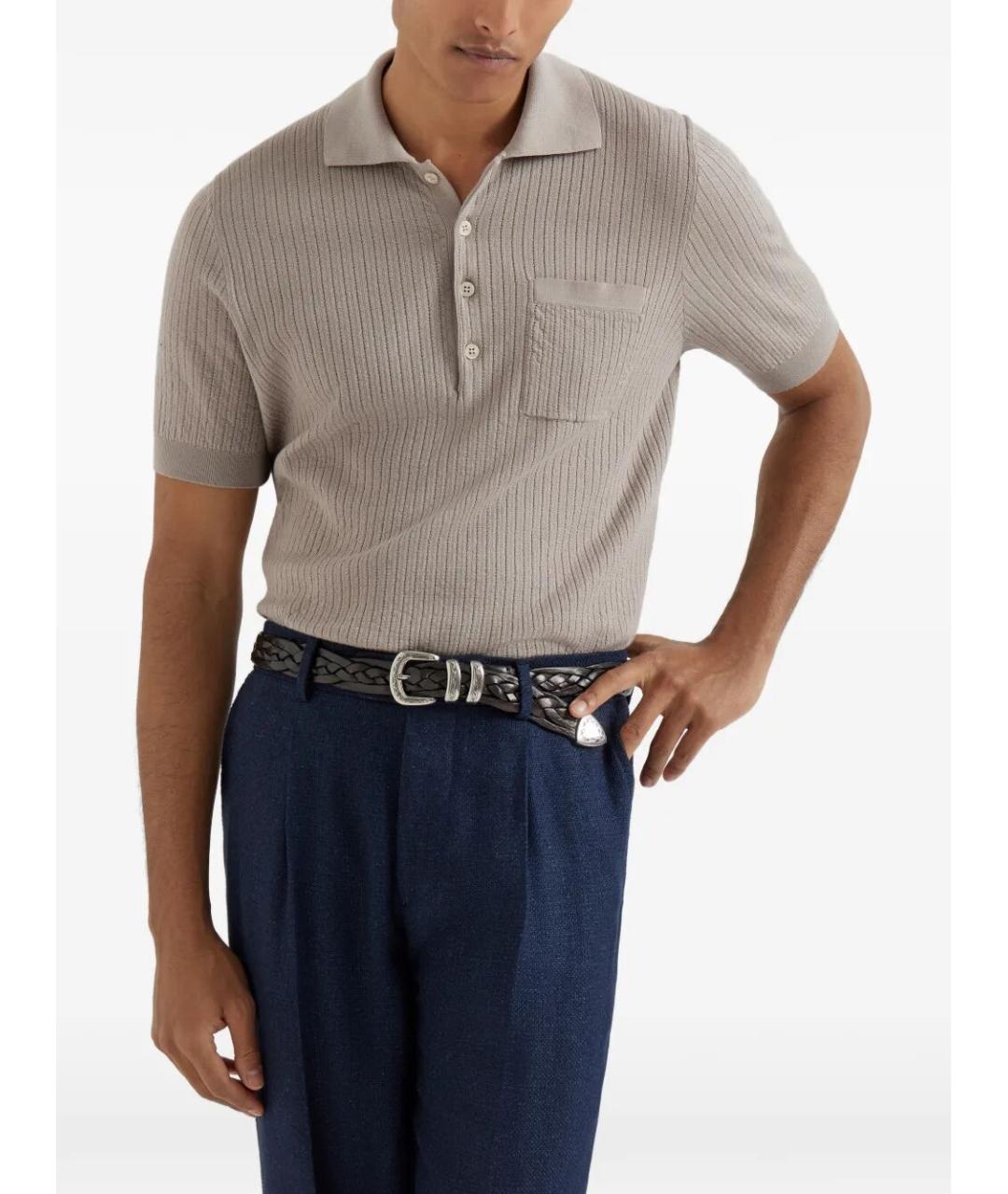 BRUNELLO CUCINELLI Бежевое хлопковое поло с коротким рукавом, фото 3