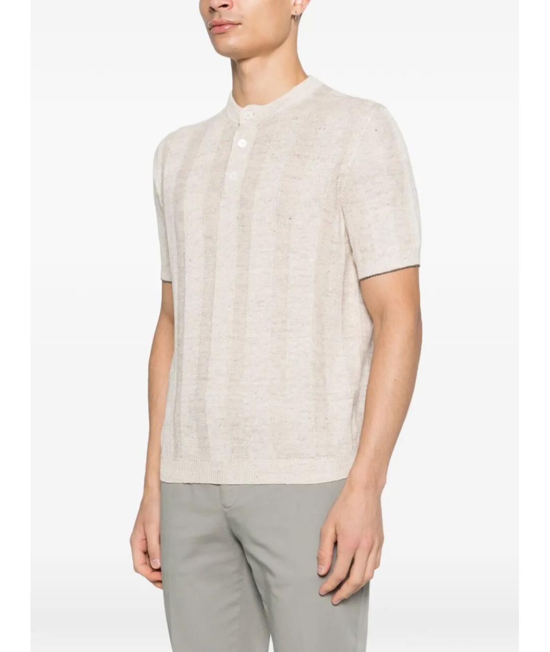 BRUNELLO CUCINELLI Бежевое хлопко-леновое поло с коротким рукавом, фото 4