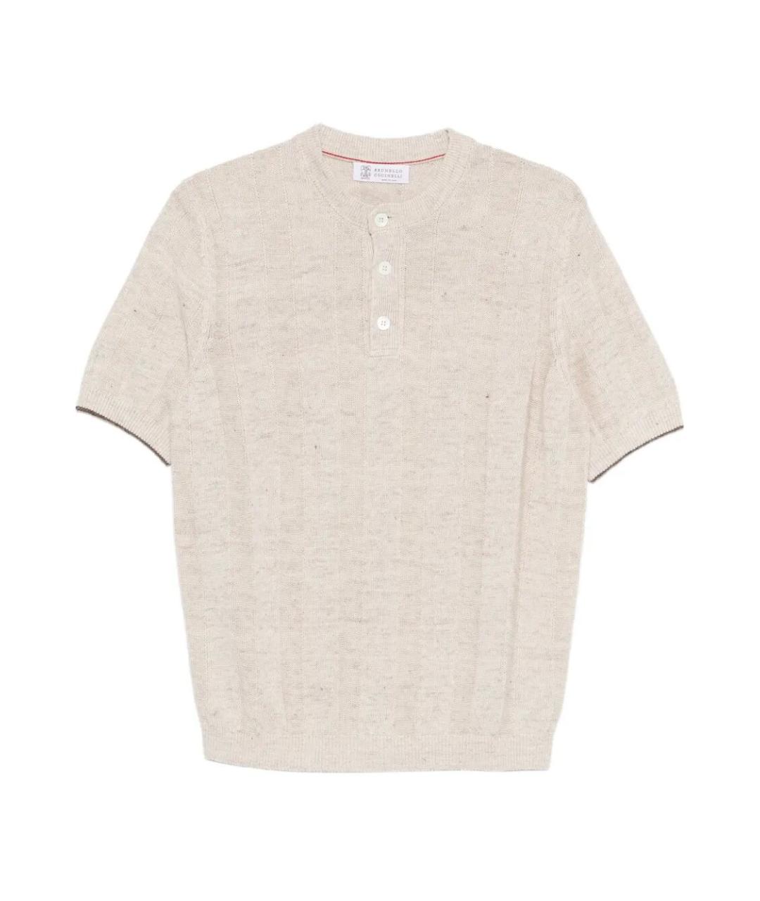 BRUNELLO CUCINELLI Бежевое хлопко-леновое поло с коротким рукавом, фото 1