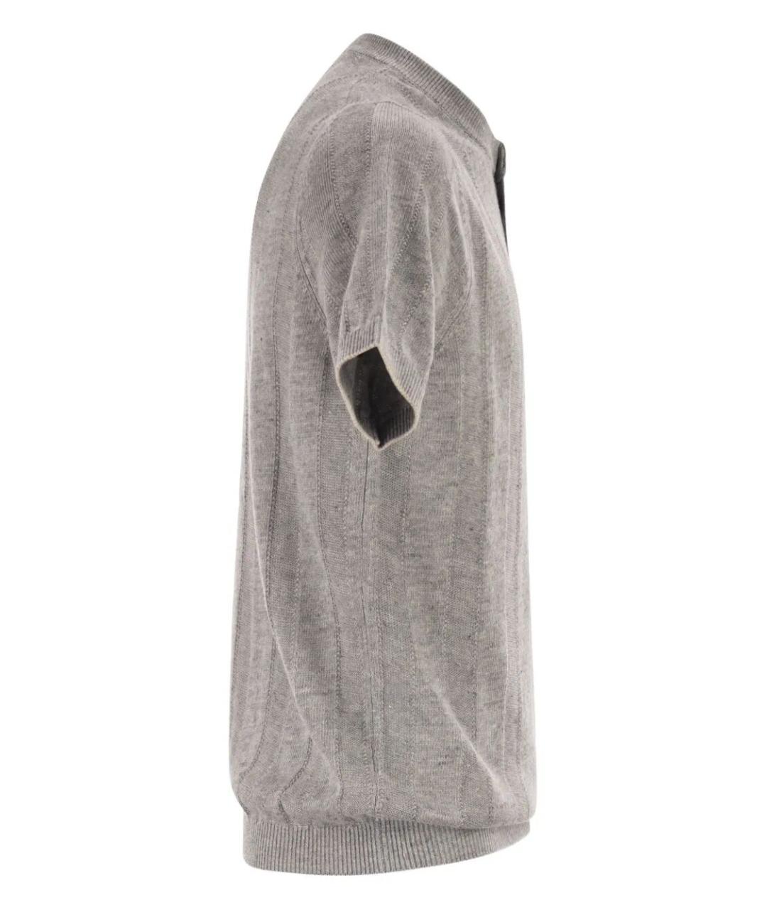 BRUNELLO CUCINELLI Серое хлопко-леновое поло с коротким рукавом, фото 3