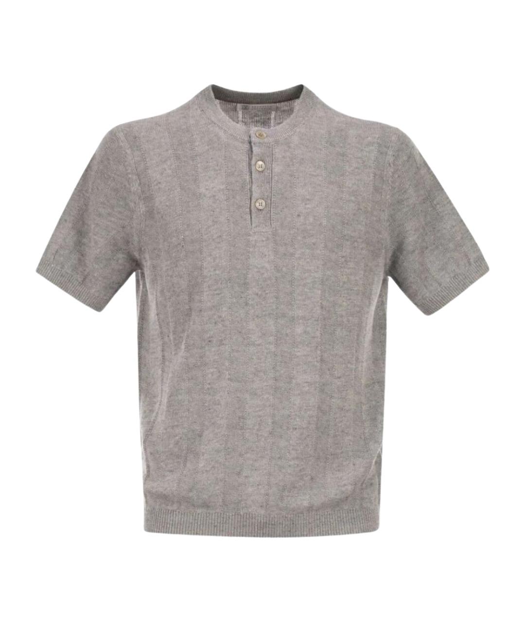 BRUNELLO CUCINELLI Серое хлопко-леновое поло с коротким рукавом, фото 1