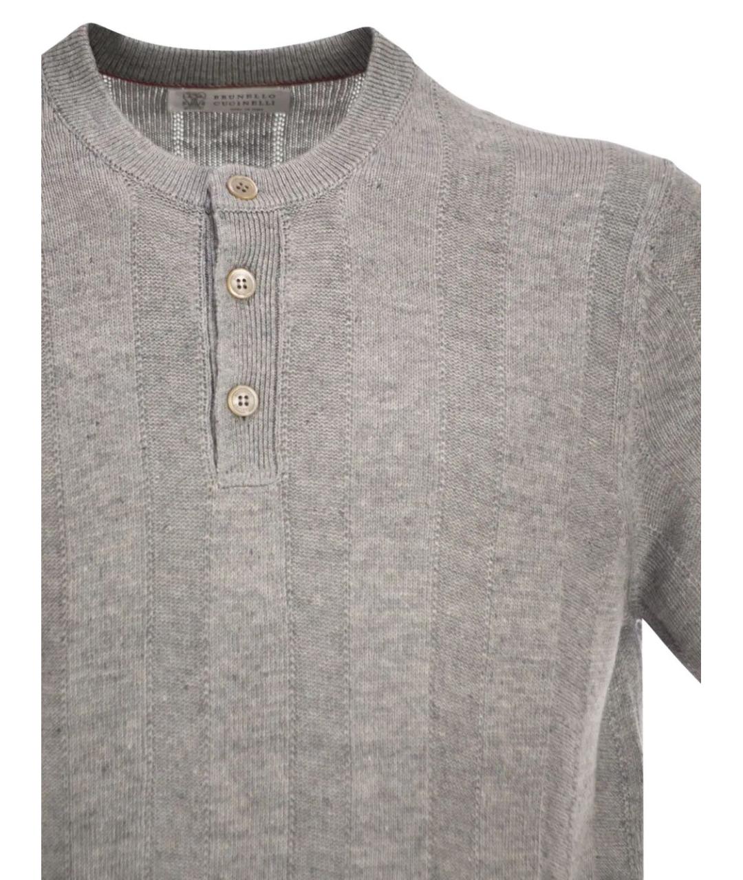 BRUNELLO CUCINELLI Серое хлопко-леновое поло с коротким рукавом, фото 4