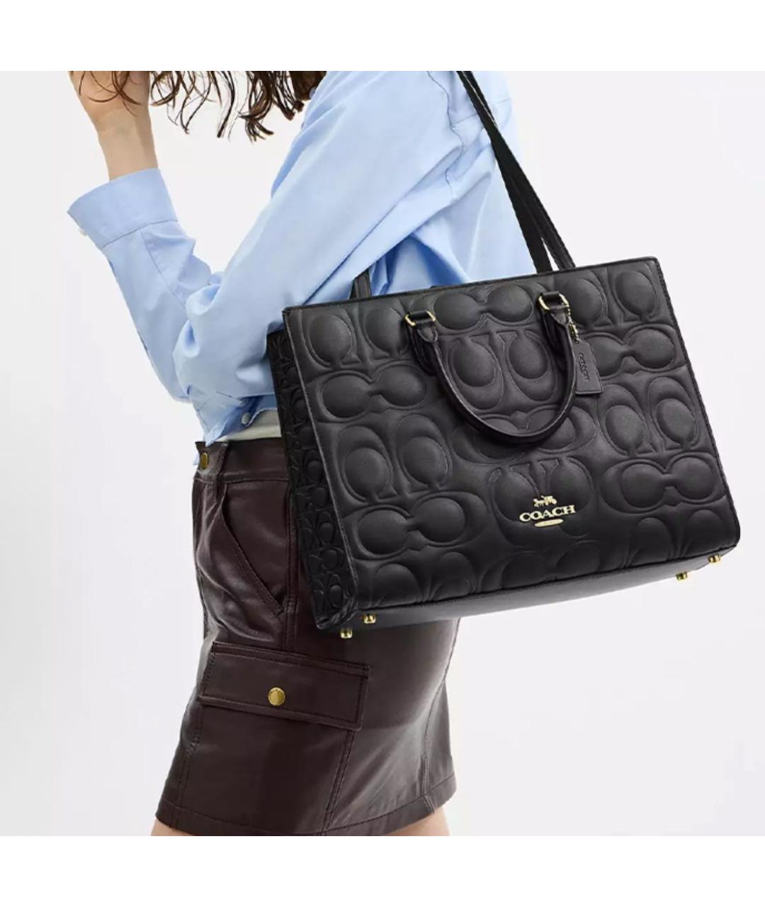 COACH Черная кожаная сумка тоут, фото 4