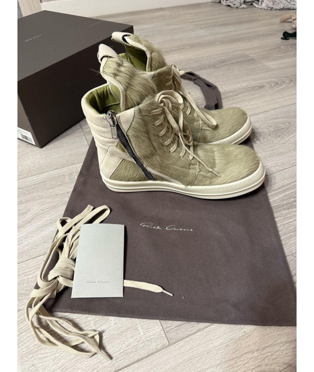 RICK OWENS Зеленые кожаные высокие кроссовки / кеды, фото 4