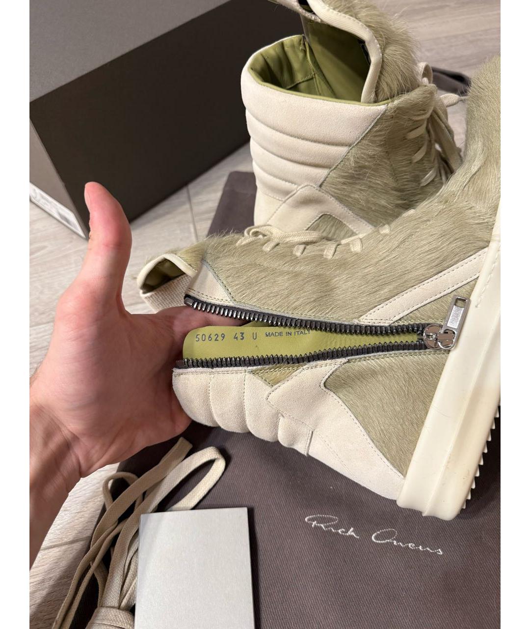 RICK OWENS Зеленые кожаные высокие кроссовки / кеды, фото 5