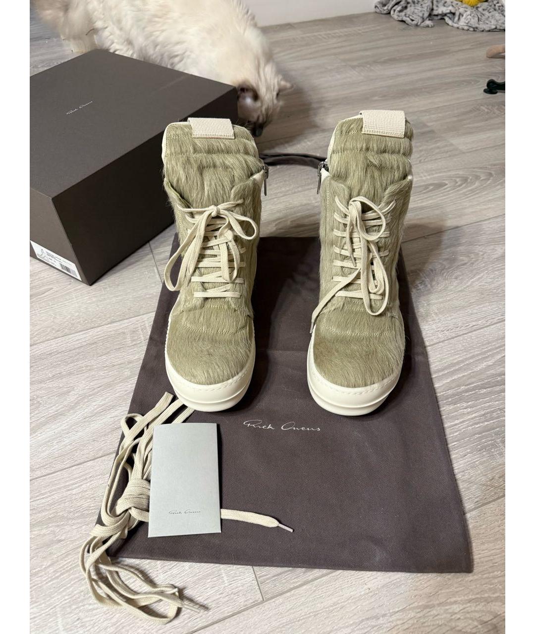 RICK OWENS Зеленые кожаные высокие кроссовки / кеды, фото 2