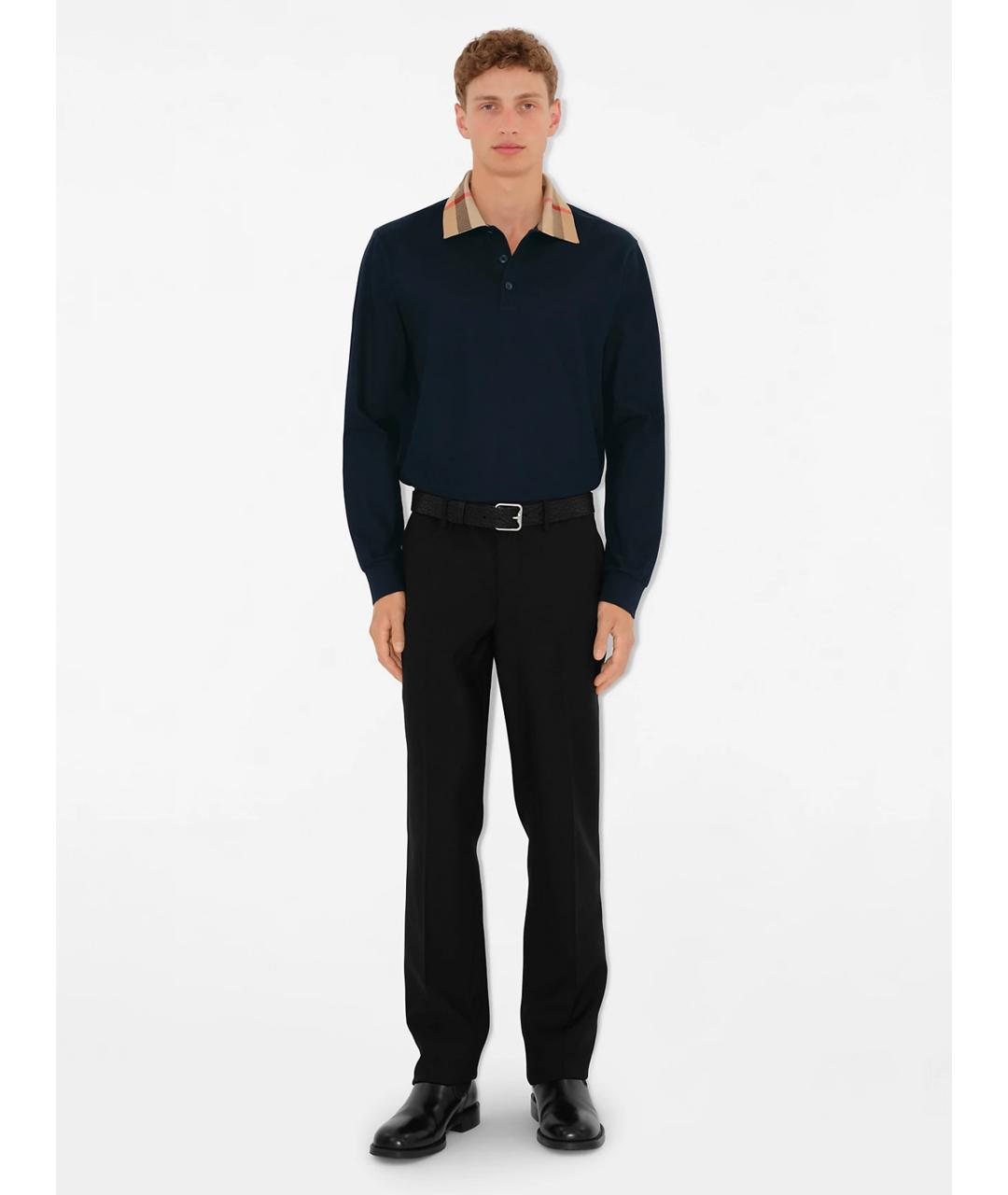 BURBERRY Синее хлопковое поло с длинным рукавом, фото 2