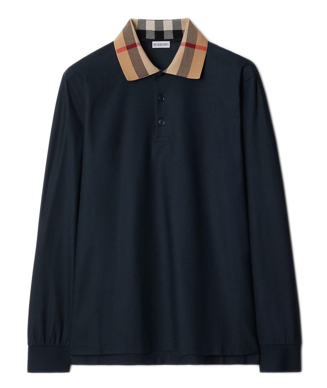 BURBERRY Синее хлопковое поло с длинным рукавом, фото 1