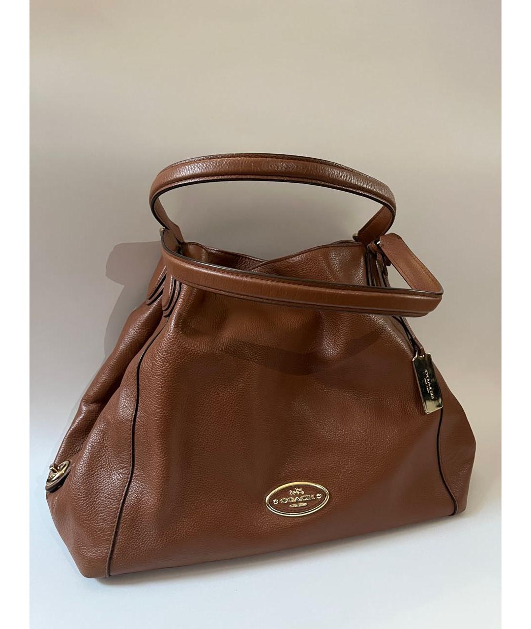 COACH Коричневая кожаная сумка с короткими ручками, фото 2