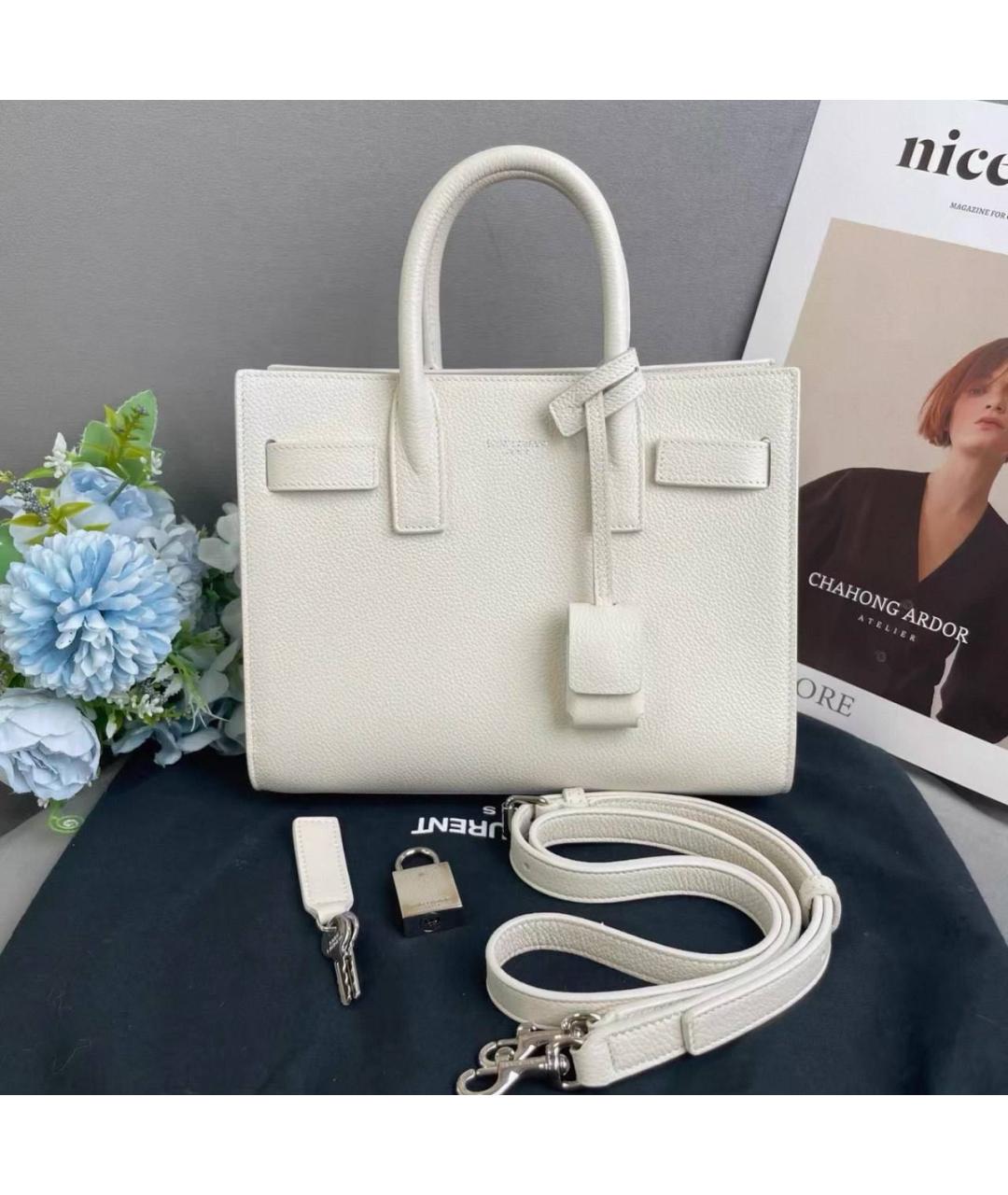 SAINT LAURENT Белая кожаная сумка тоут, фото 2