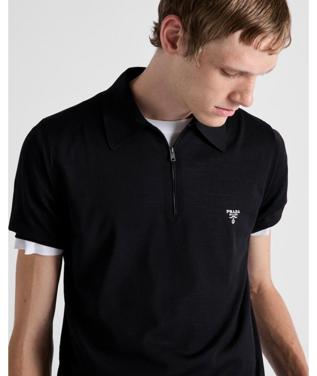 PRADA Черное хлопко-шерстяное поло с коротким рукавом, фото 3