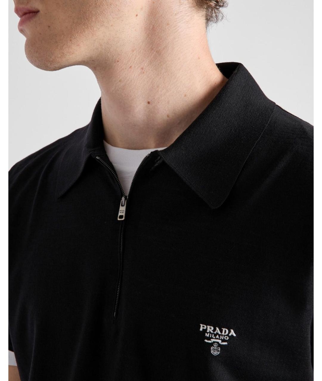 PRADA Черное хлопко-шерстяное поло с коротким рукавом, фото 4