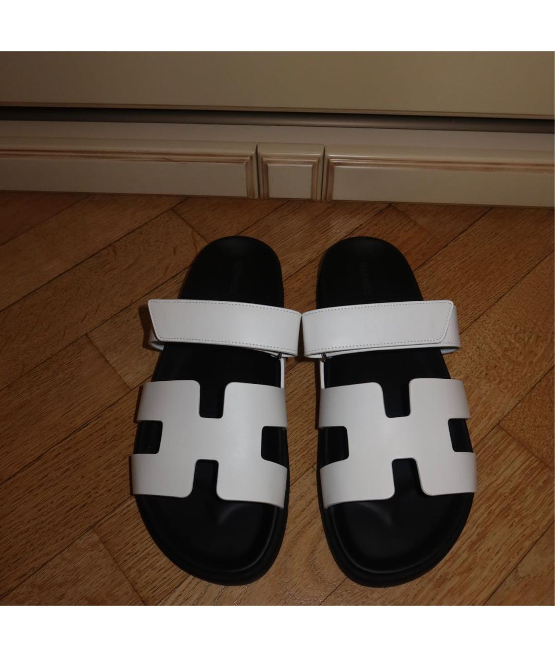 HERMES Белые кожаные шлепанцы, фото 2