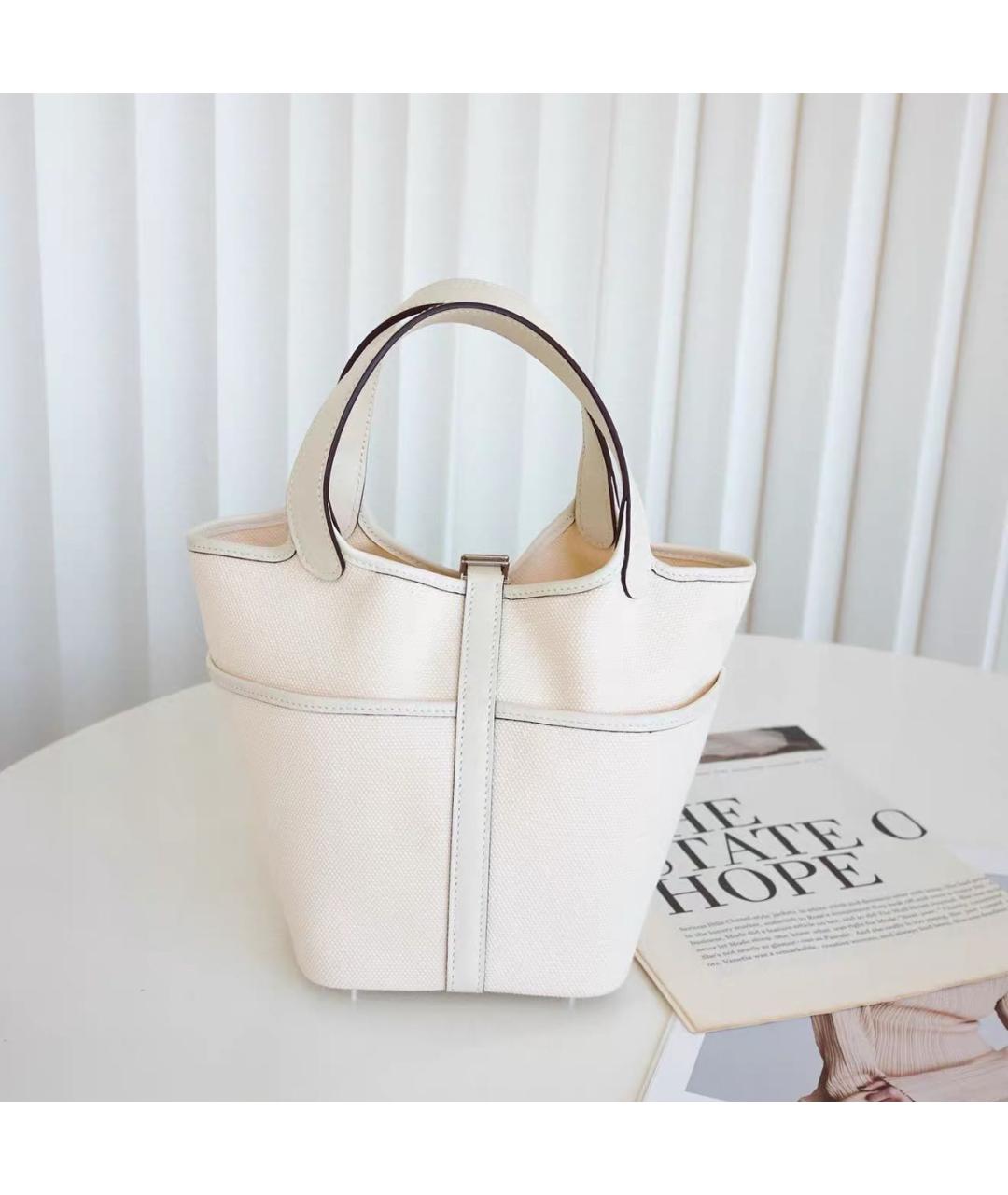 HERMES Белая тканевая сумка с короткими ручками, фото 7