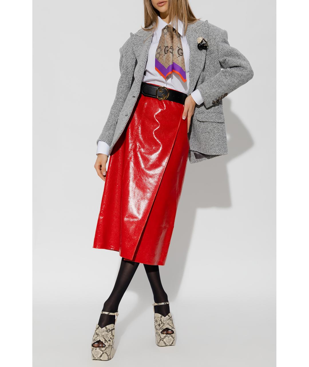 GUCCI Красная кожаная юбка миди, фото 7