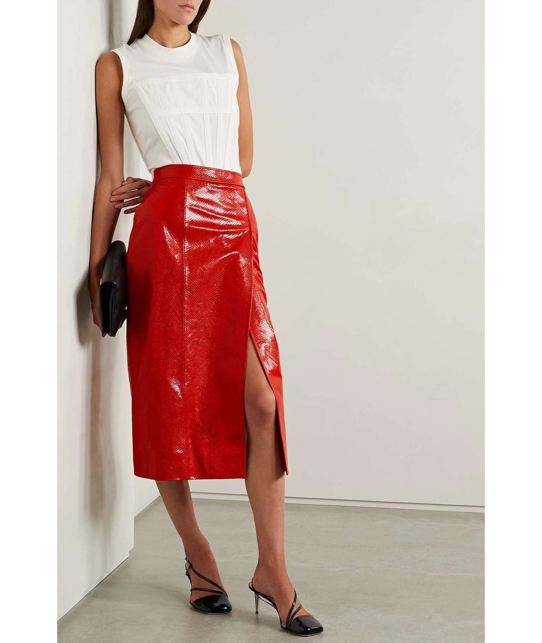 GUCCI Красная кожаная юбка миди, фото 4