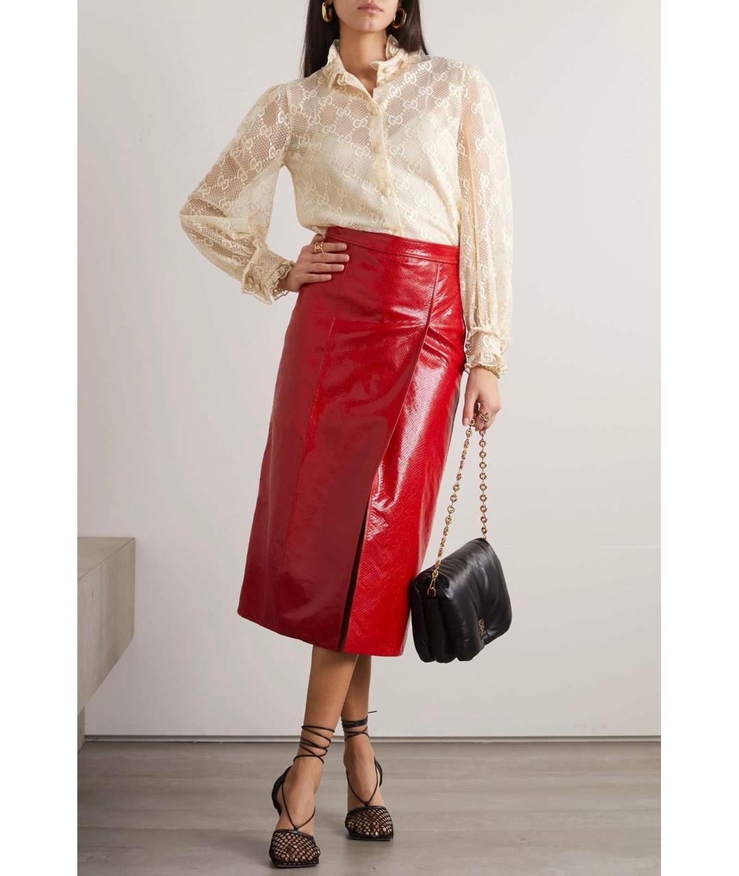 GUCCI Красная кожаная юбка миди, фото 2