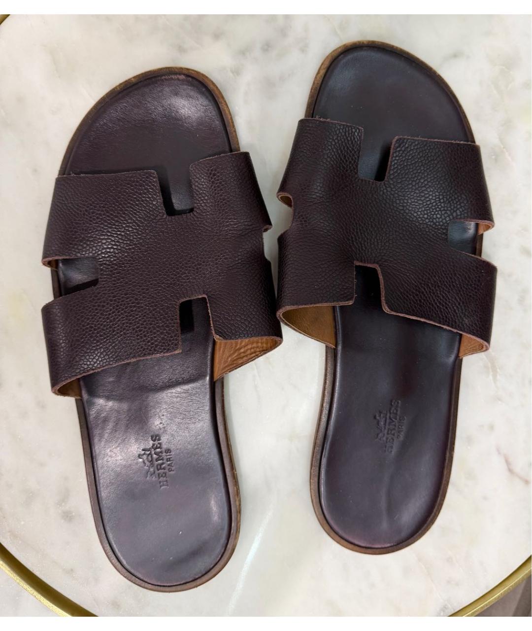 HERMES Коричневые кожаные шлепанцы, фото 2