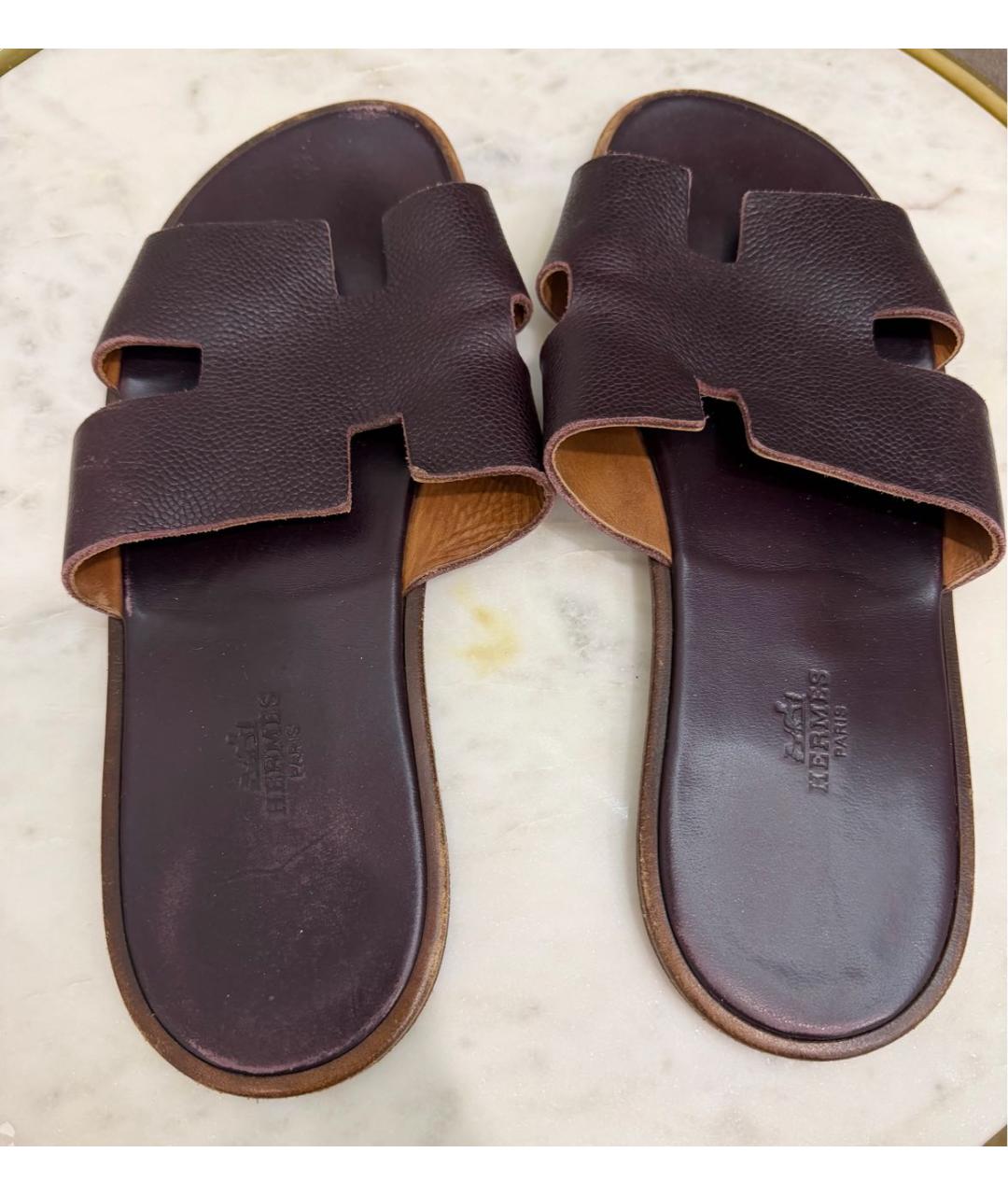 HERMES Коричневые кожаные шлепанцы, фото 4