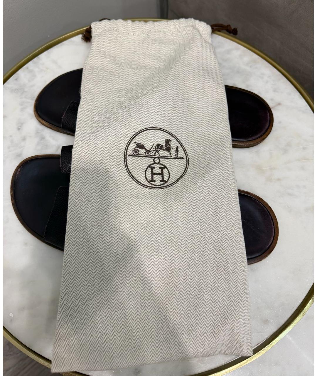 HERMES Коричневые кожаные шлепанцы, фото 7