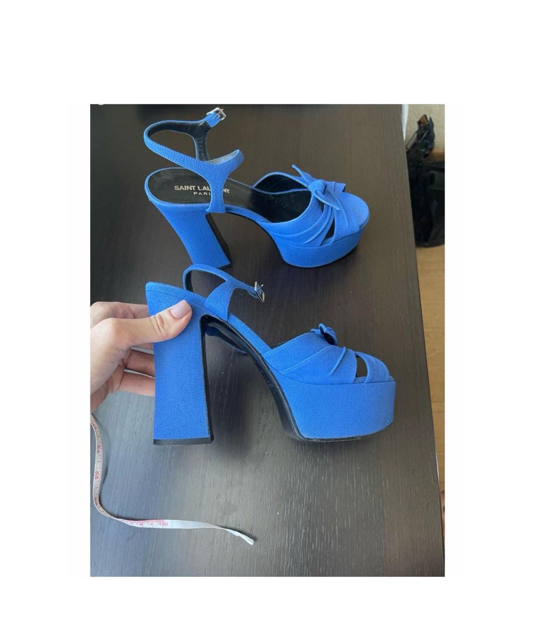 SAINT LAURENT Голубые текстильные босоножки, фото 6