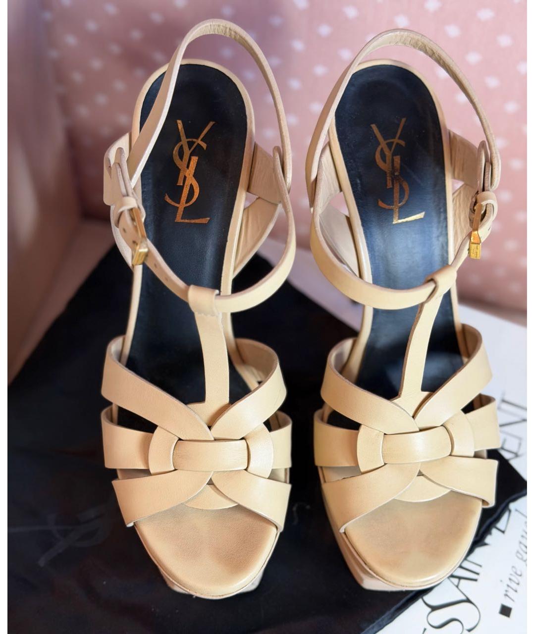 SAINT LAURENT Бежевые кожаные босоножки, фото 6
