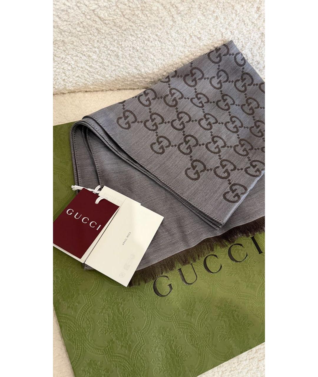 GUCCI Серый шерстяной шарф, фото 4