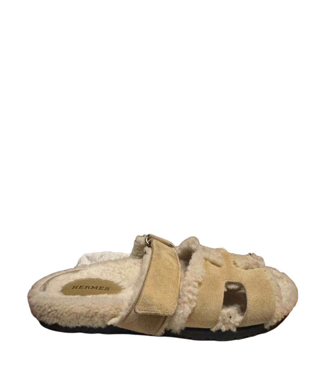 HERMES Бежевые замшевые шлепанцы, фото 1