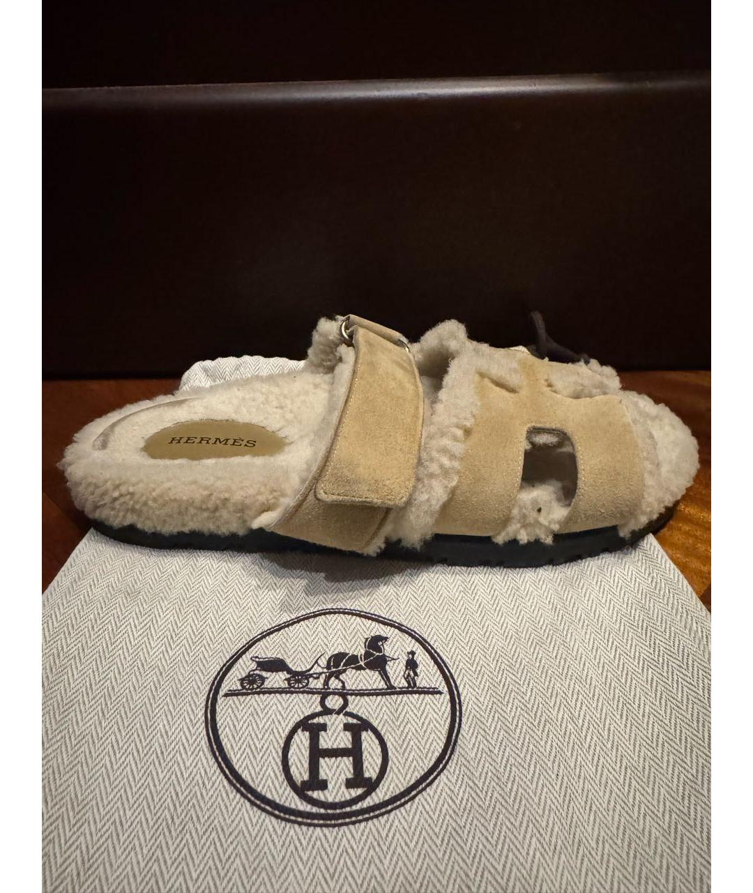 HERMES Бежевые замшевые шлепанцы, фото 9