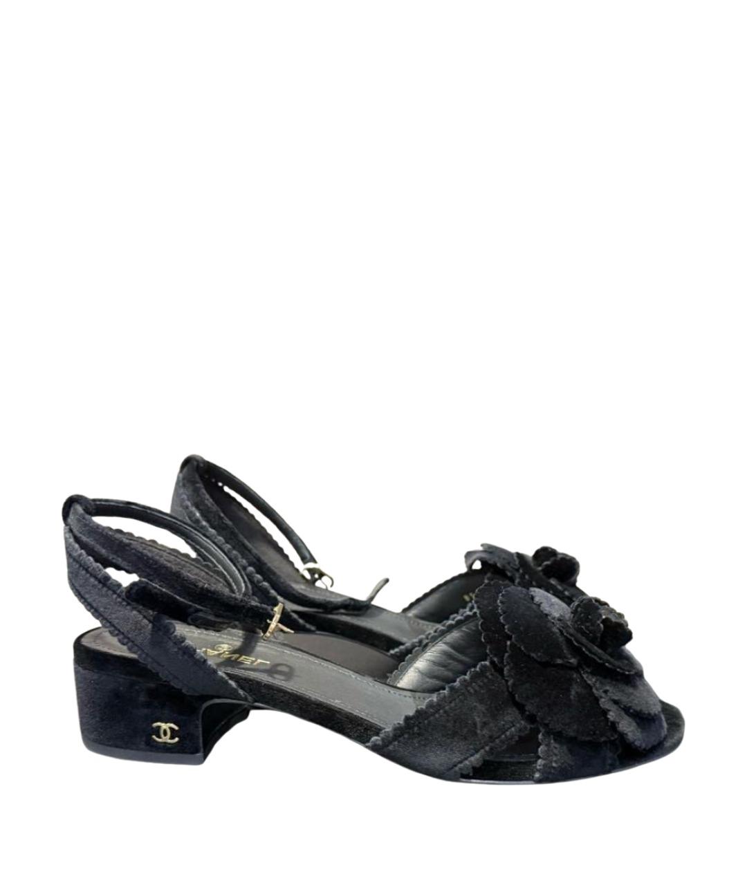 CHANEL Черные бархатные босоножки, фото 1