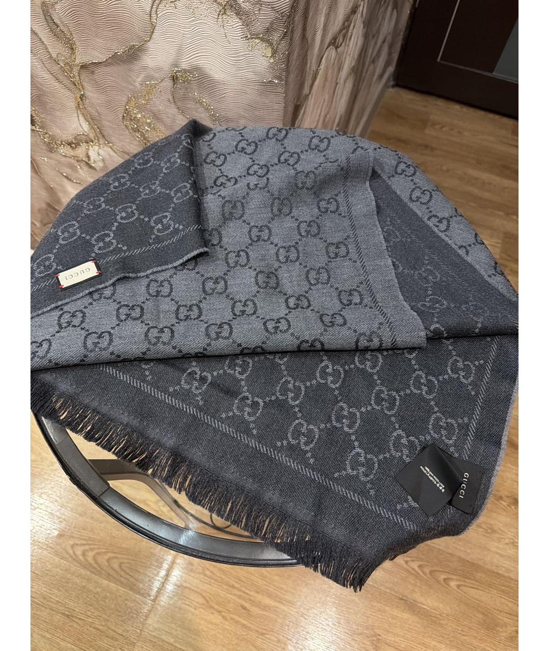 GUCCI Антрацитовый шерстяной шарф, фото 2