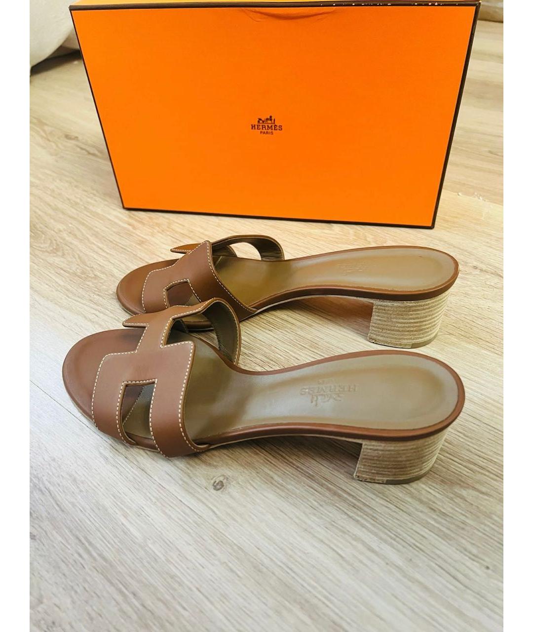 HERMES Коричневые кожаные сандалии, фото 7