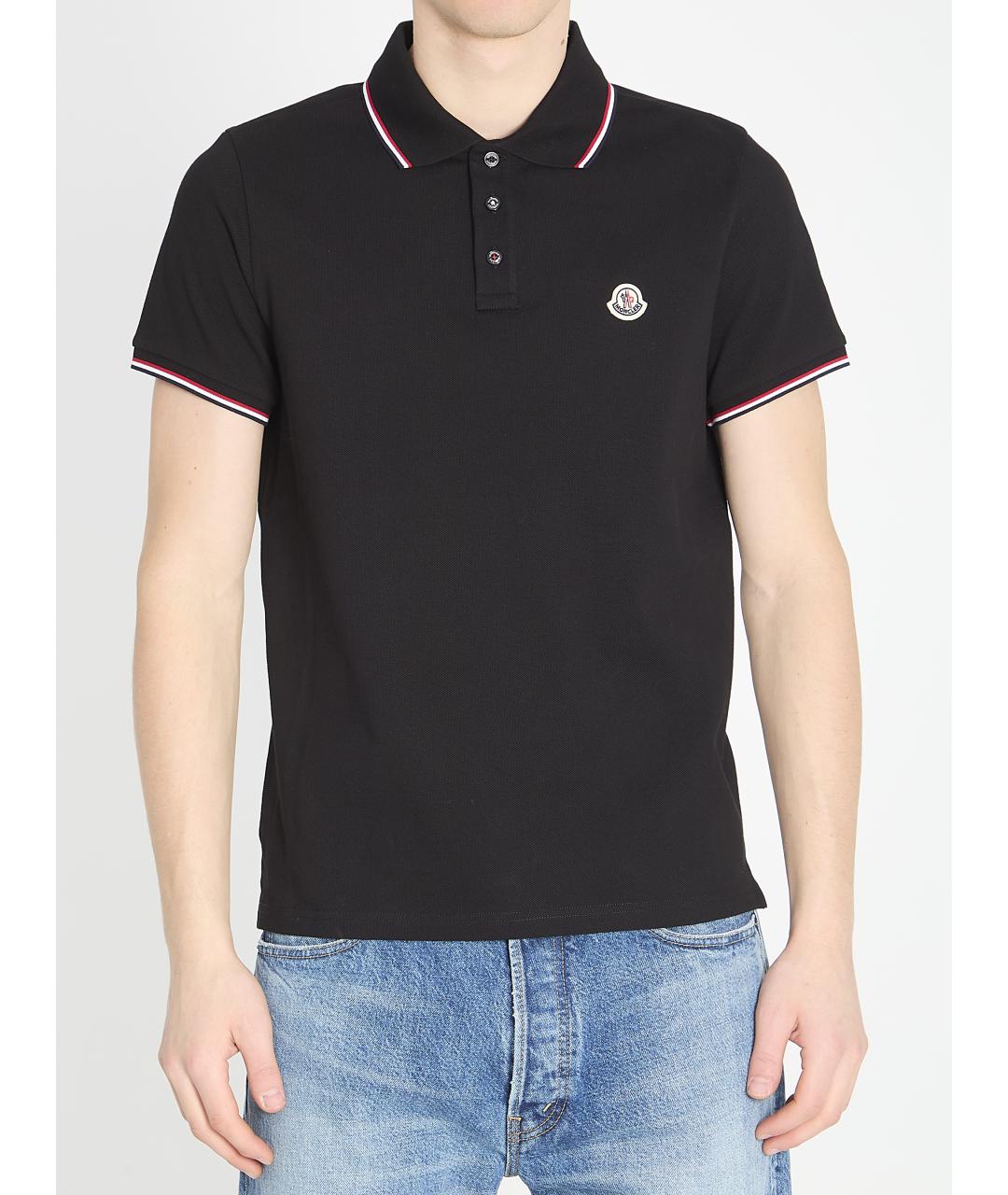MONCLER Черное хлопковое поло с коротким рукавом, фото 2