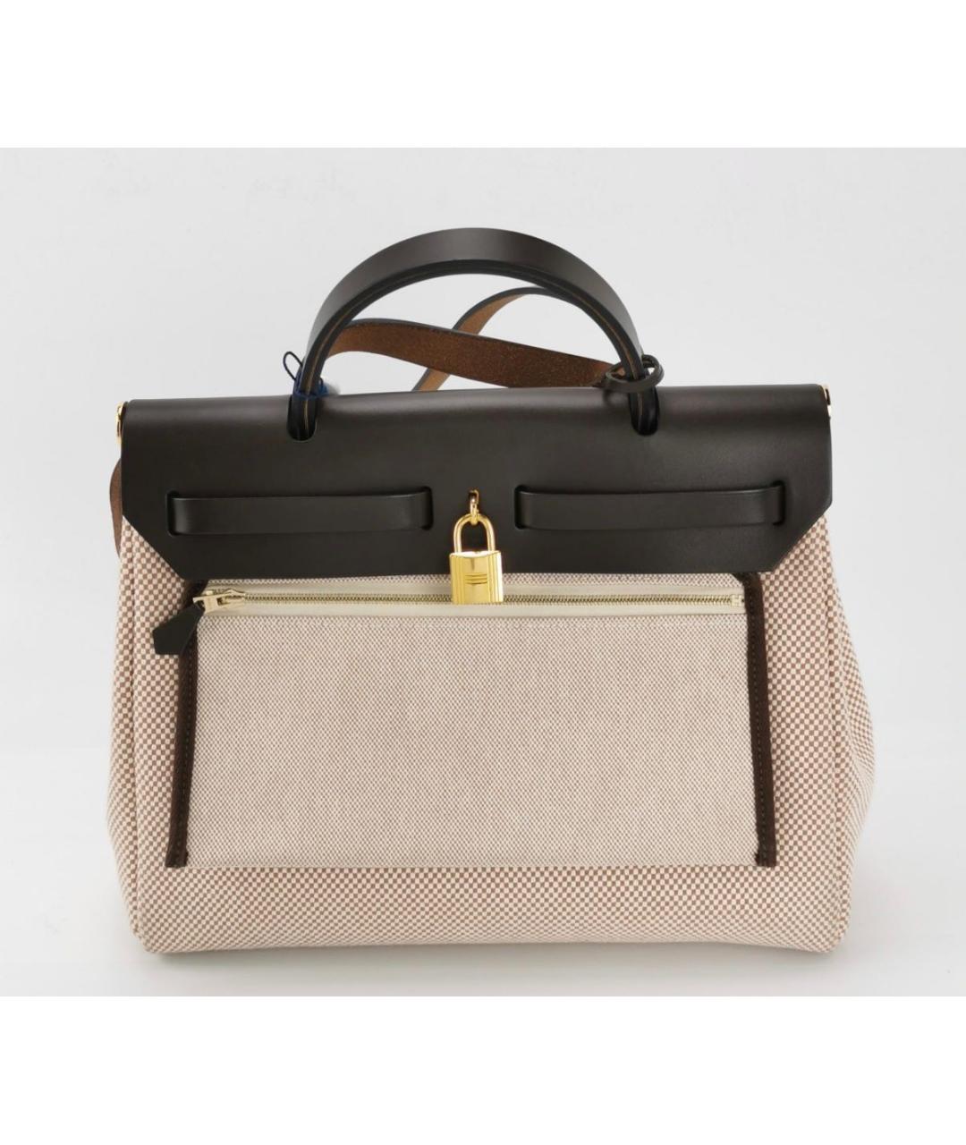 HERMES Бежевая жаккардовая сумка с короткими ручками, фото 2